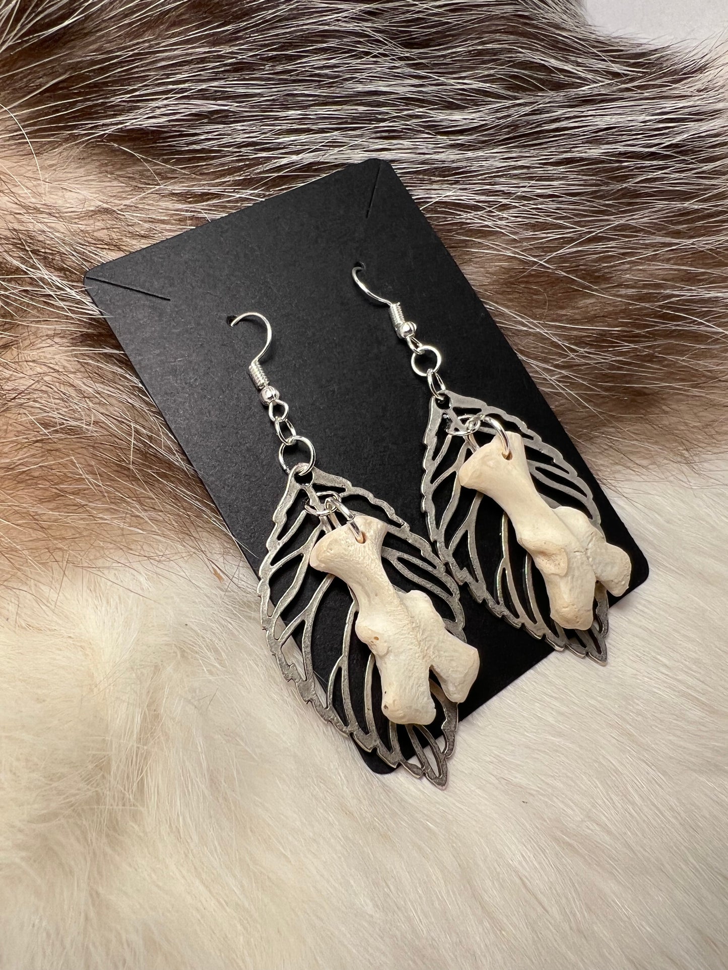 Turtle Tongue Bone Earrings - Silver Leaf